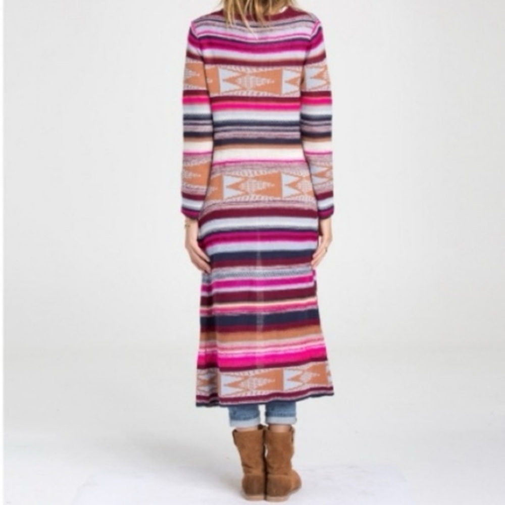 Billabong Long Striped Open-Front Fade to Dust Cardigan in Pink, Tan & Black - Picture 3 of 8